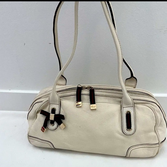 Auth Gucci Princy Boston Bow Web Stripe Offwhite Leather Satchel Shoulder Bag - Picture 5 of 15